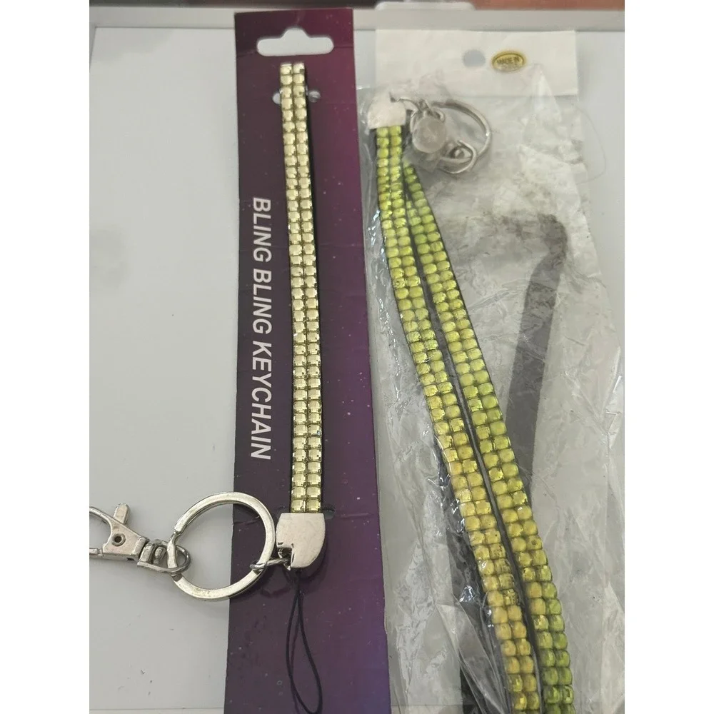 Bling Bling Keychain Set 2pc Lime Green‎ Rhinestone Lanyard Silver Tone Hardware